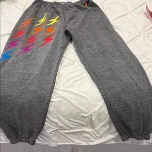 Aviator Nation Gray Joggers with Rainbow Lightning